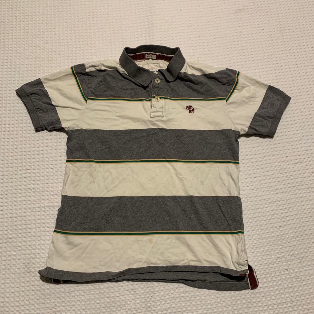 Abercrombie & Fitch Mens Muscle Fit Striped Polo Shirt Grey White Medium